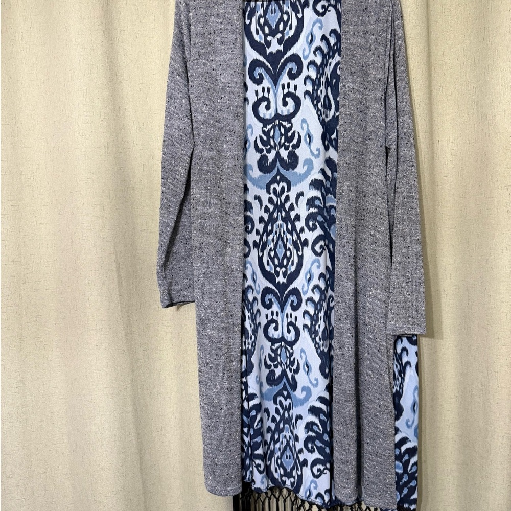 ODDI Blue Sweater, Patterned Fabric Cardigan 1X